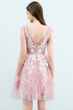 Robe de bal trapèze courte manches courtes sans bretelles avec applications de dentelle en tulle