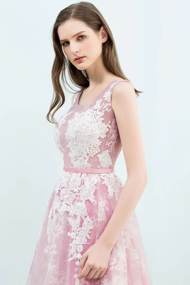 Vestidos de Fiesta Tul con Aplicaciones de Encaje, Sin Mangas, Corte en A y Largo Corto