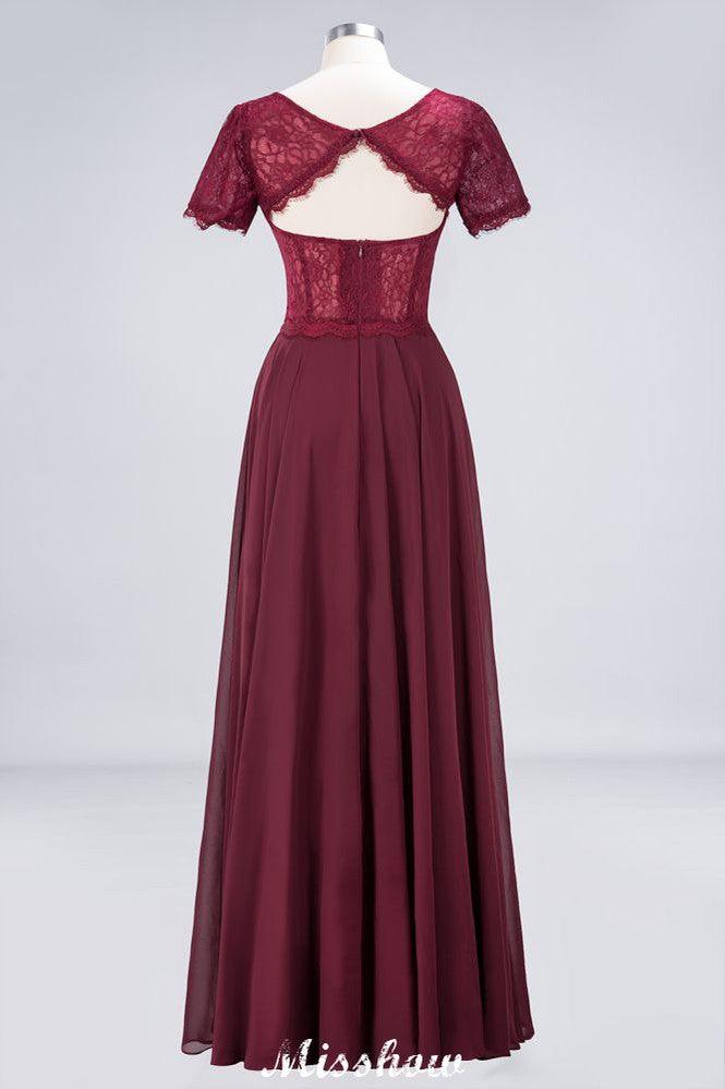 A-Line Short-Sleeves Floor-Length Bridesmaid Dress Chiffon Lace Round-Neck Evening Dress
