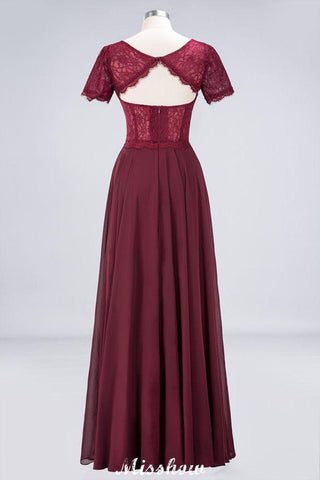 A-Linie Kurzarm Bodenlanges Brautjungfernkleid Chiffon Spitze Rundhals Abendkleid