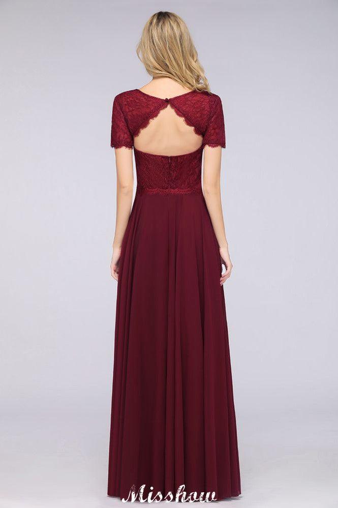 A-Line Short-Sleeves Floor-Length Bridesmaid Dress Chiffon Lace Round-Neck Evening Dress