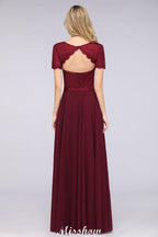 A-Line Short-Sleeves Floor-Length Bridesmaid Dress Chiffon Lace Round-Neck Evening Dress