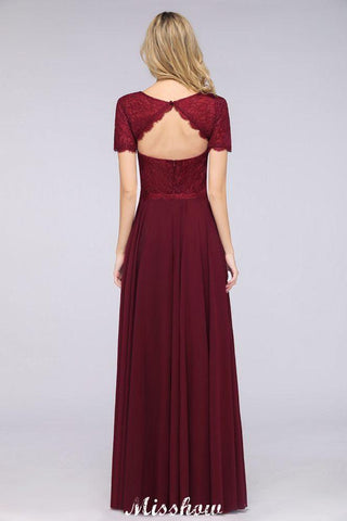 A-Linie Kurzarm Bodenlanges Brautjungfernkleid Chiffon Spitze Rundhals Abendkleid