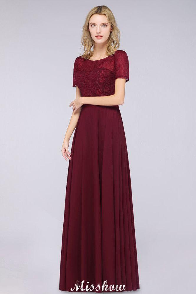 A-Line Short-Sleeves Floor-Length Bridesmaid Dress Chiffon Lace Round-Neck Evening Dress