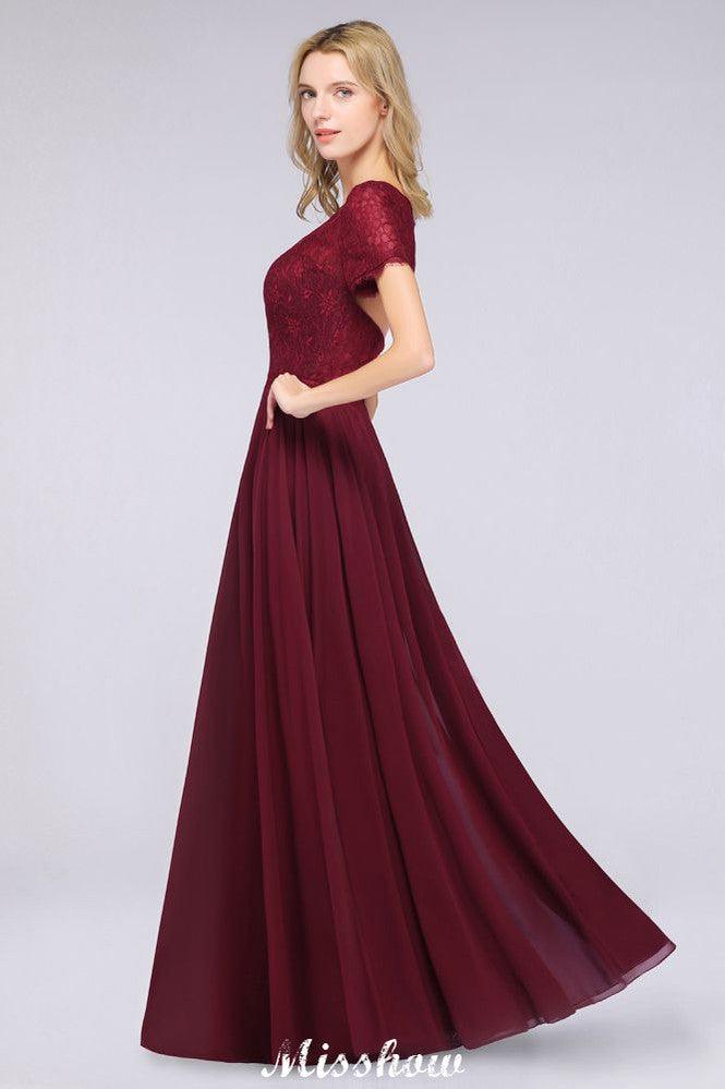 A-Line Short-Sleeves Floor-Length Bridesmaid Dress Chiffon Lace Round-Neck Evening Dress