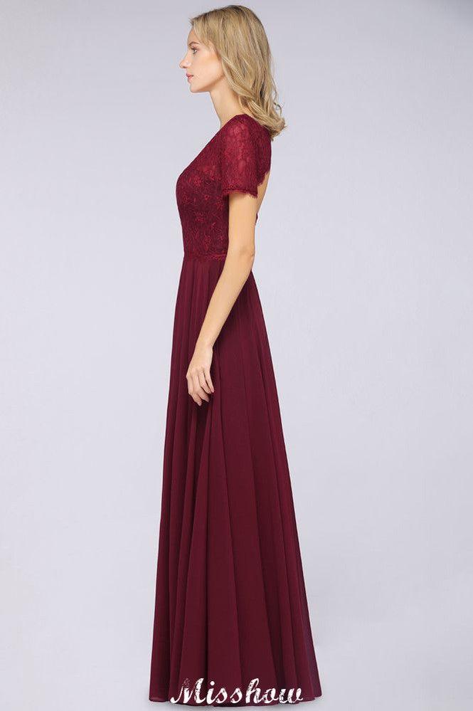 A-Line Short-Sleeves Floor-Length Bridesmaid Dress Chiffon Lace Round-Neck Evening Dress