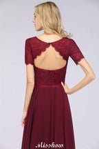 A-Line Short-Sleeves Floor-Length Bridesmaid Dress Chiffon Lace Round-Neck Evening Dress