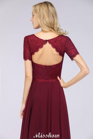 A-Linie Kurzarm Bodenlanges Brautjungfernkleid Chiffon Spitze Rundhals Abendkleid