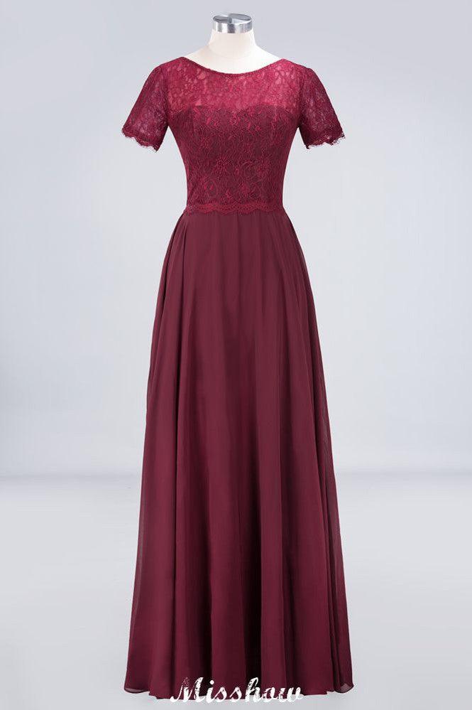 A-Line Short-Sleeves Floor-Length Bridesmaid Dress Chiffon Lace Round-Neck Evening Dress