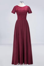 A-Line Short-Sleeves Floor-Length Bridesmaid Dress Chiffon Lace Round-Neck Evening Dress