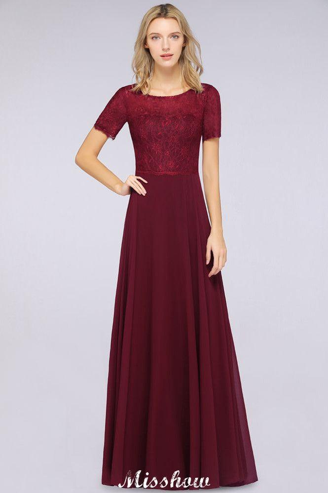 A-Line Short-Sleeves Floor-Length Bridesmaid Dress Chiffon Lace Round-Neck Evening Dress