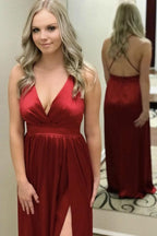 A-Linie Seidensatin V-Ausschnitt Sexy Ballkleider 2019 Seitenschlitz PG911