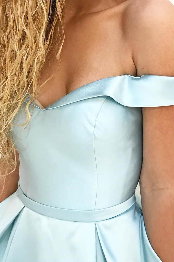 Vestido de festa comprido em cetim com decote em A e bolsos, estilo simples, ombro descoberto, PG664