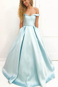 Robe de bal longue en satin simple bretelle tombante ligne A avec poches PG664