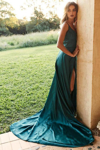 A-line Simple Satin Straps Green Long Prom Dresses with Split PSK190