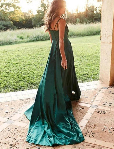 A-line Simple Satin Straps Green Long Prom Dresses with Split PSK190
