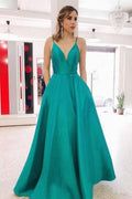 Robe de bal longue en satin sarcelle à col en V simple, ligne A, sans dos avec poche  PG939