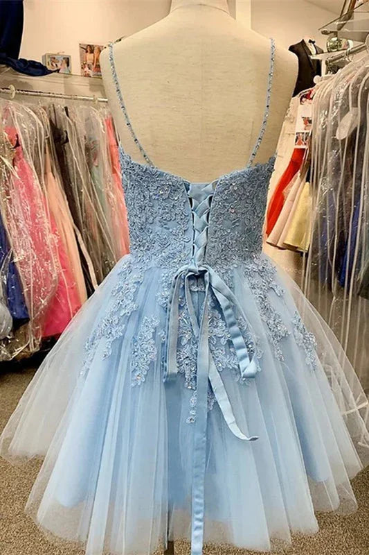 A-Linie Himmelblau Tüll Applikation Kurz Trägerlos Homecoming-Kleid