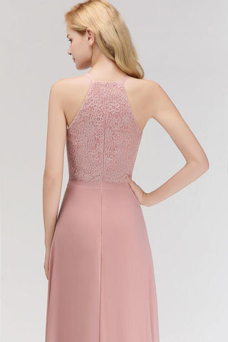 A-Linie Ärmellos Neckholder Langes Chiffon Brautjungfernkleid aus Spitze