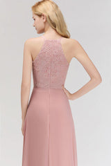 A-line Sleeveless Halter Long Lace Chiffon Bridesmaid Dress
