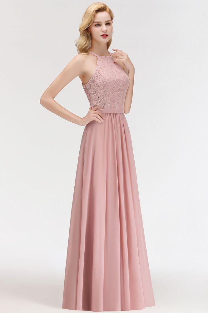 A-line Sleeveless Halter Long Lace Chiffon Bridesmaid Dress