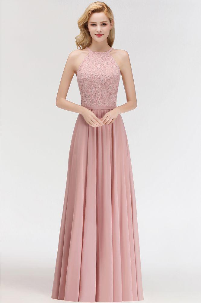 A-line Sleeveless Halter Long Lace Chiffon Bridesmaid Dress