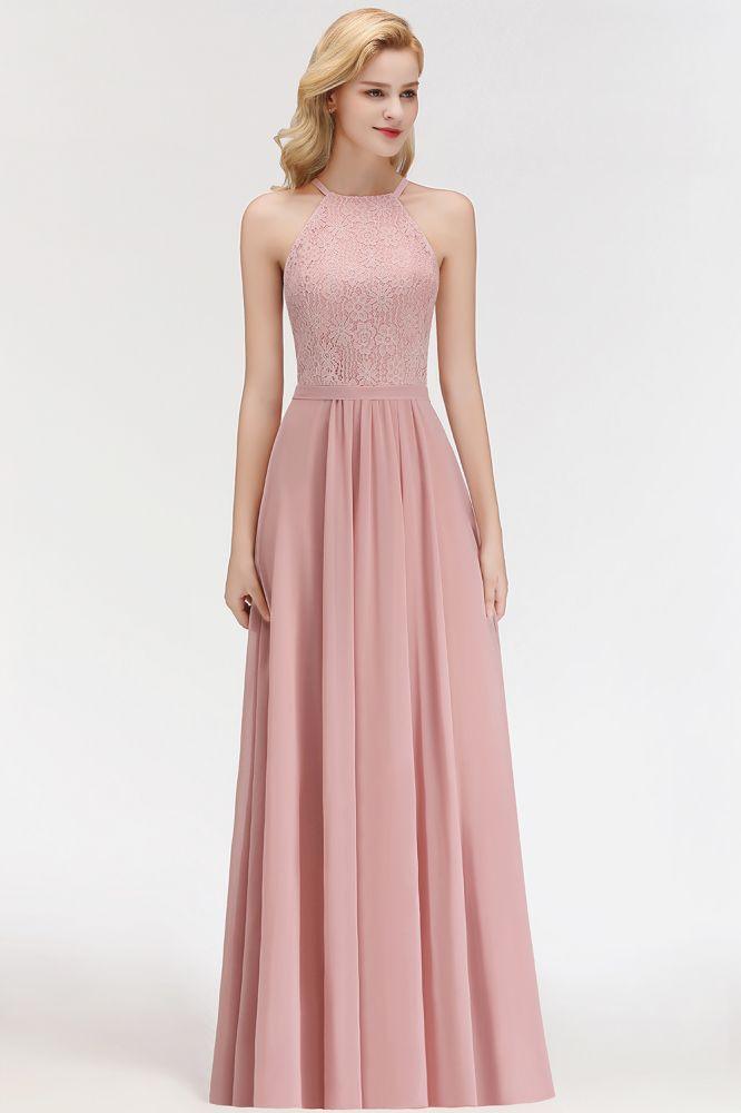 A-line Sleeveless Halter Long Lace Chiffon Bridesmaid Dress
