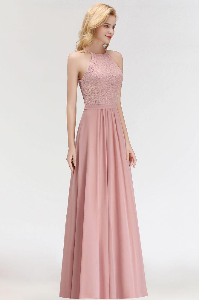 A-line Sleeveless Halter Long Lace Chiffon Bridesmaid Dress