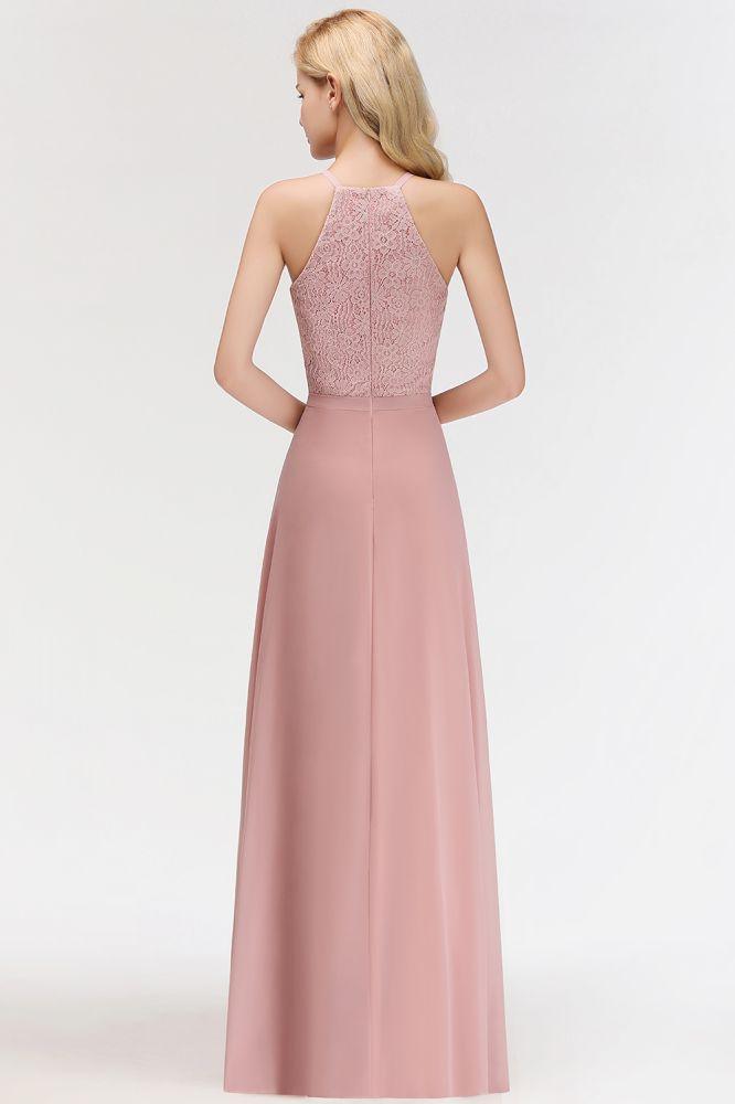 A-line Sleeveless Halter Long Lace Chiffon Bridesmaid Dress