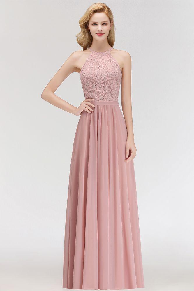 A-line Sleeveless Halter Long Lace Chiffon Bridesmaid Dress