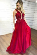 Robe de bal bordeaux sans manches à ligne A avec applications et perles PG898