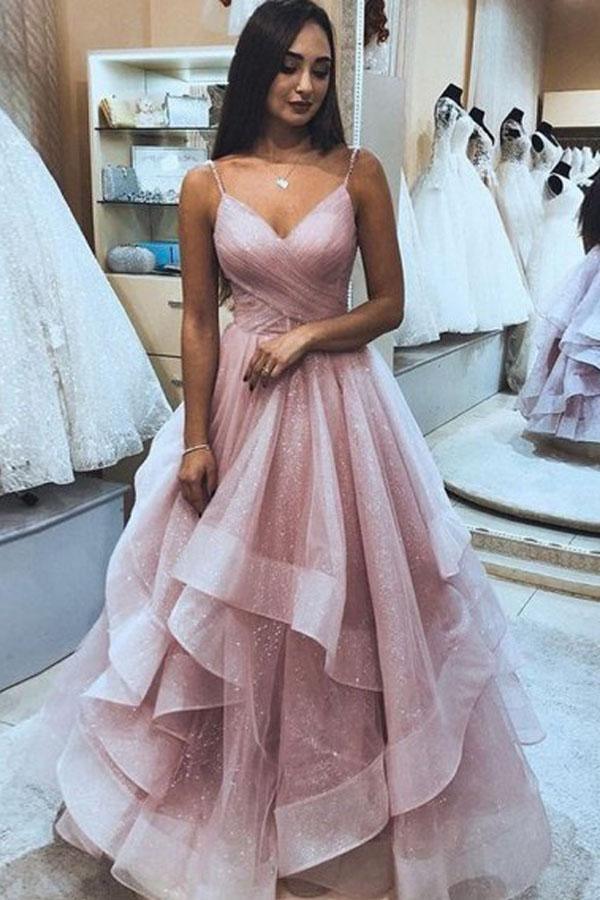 Vestido de festa/formal em organza com alças finas e decote em A, cor-de-rosa, PSK124