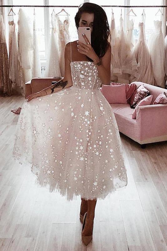Abito da Homecoming a Lunghezza Tè Rosa Perla con Spaghetti Strap a Linea A e Perline PD349