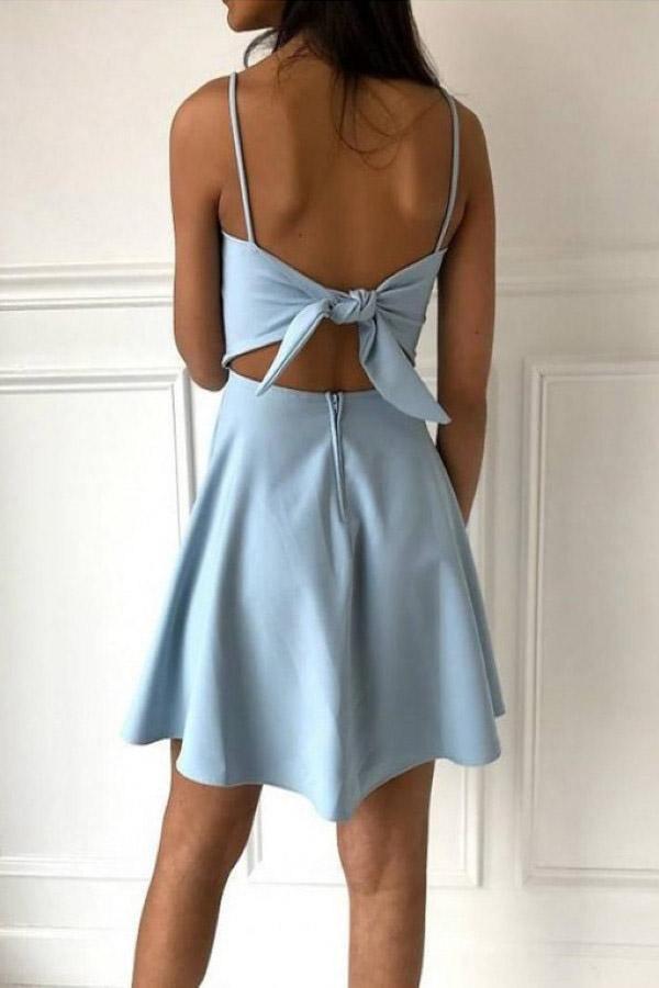 A-Line Spaghetti Straps Above-Knee Light Blue Satin Homecoming Dress  PD390