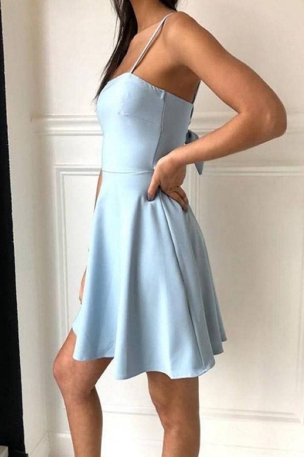 A-Line Spaghetti Straps Above-Knee Light Blue Satin Homecoming Dress  PD390