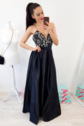 Robe de bal noire longue traîne dos nu à bretelles spaghetti ligne A PSK040