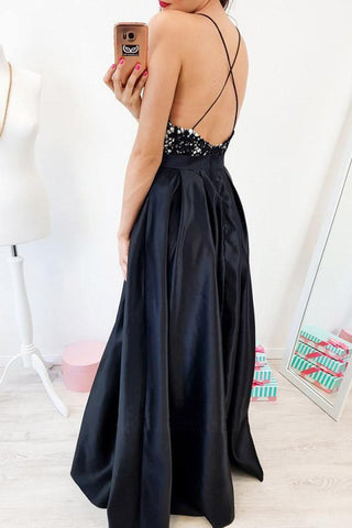 A-Line Spaghetti Straps Backless Floor-Length Black Prom Dress PSK040