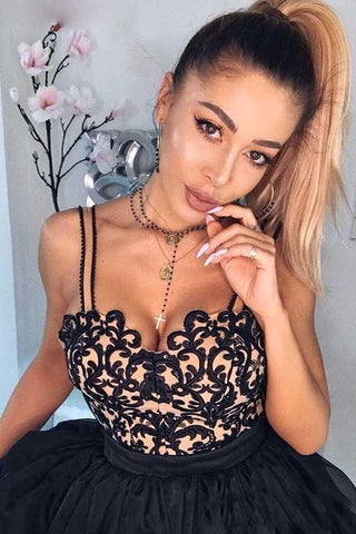 A-Line Spaghetti Straps Black Chiffon Homecoming Dress with Appliques PD068