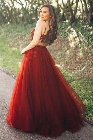 A-Line Spaghetti Straps Burgundy Prom Dress with Appliques PG779