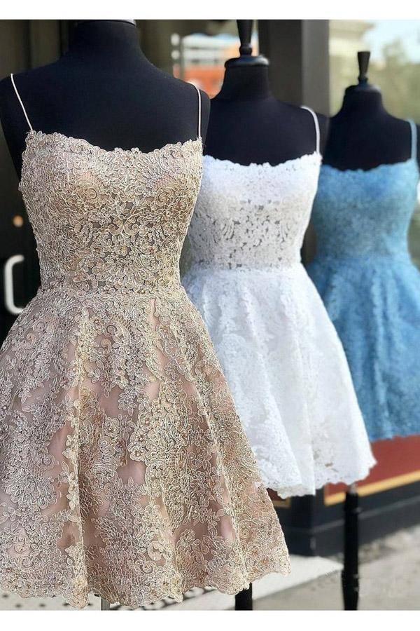 Vestidos de festa curtos de renda azul com alças finas e costas cruzadas PD259