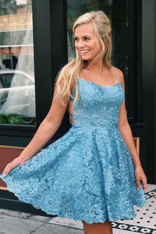 A-Linie Spaghettiträger mit gekreuztem Rücken, blaue Spitze, kurzes Ballkleid, PD259