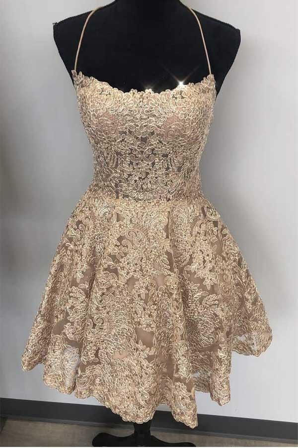 Vestidos de festa curtos de renda azul com alças finas e costas cruzadas PD259