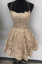 Vestidos de festa curtos de renda azul com alças finas e costas cruzadas PD259