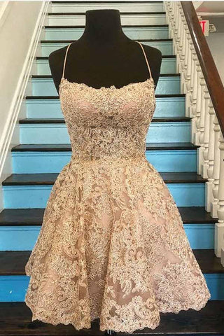 A-Linie Spaghettiträger mit gekreuztem Rücken, blaue Spitze, kurzes Ballkleid, PD259