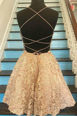 A-Linie Spaghettiträger mit gekreuztem Rücken, blaue Spitze, kurzes Ballkleid, PD259