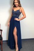 Robe de soirée longue perle de bal à bretelles spaghetti ligne A bleu marine foncé PSK122