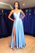 Robe de bal bleu clair longue à bretelles spaghetti ligne A avec fente  PG980