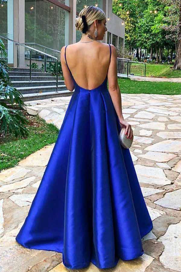 Vestido de festa comprido em cetim azul royal, corte A, alças finas, PG740