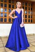 Vestido de Gala Largo Hasta el Suelo en Seda Azul Real con Tirantes Finos de Espagueti y Corte en A PG740