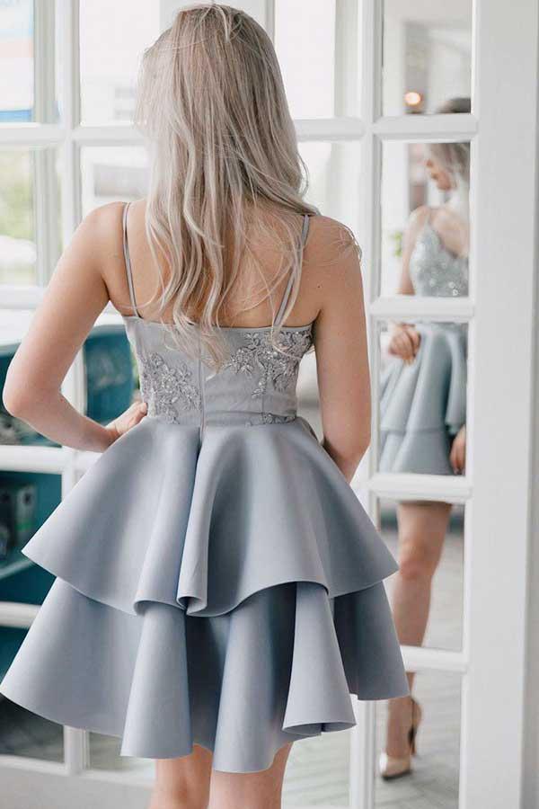 A-Line Spaghetti Straps Grey Satin Homecoming Dress with Appliques  PD027